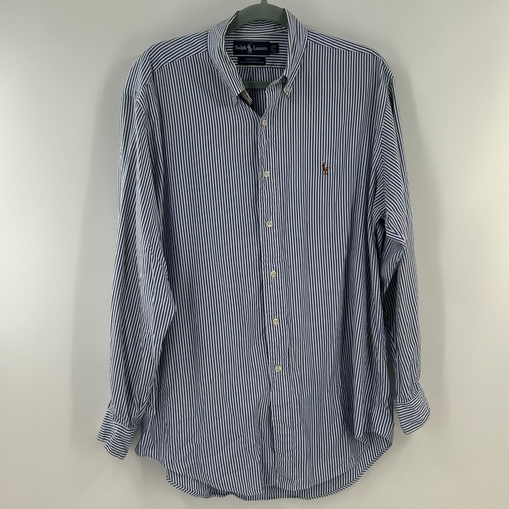 Ralph Lauren Yarmouth Mens 16-34 Blue White Striped Pinpoint Oxford Shirt L/S